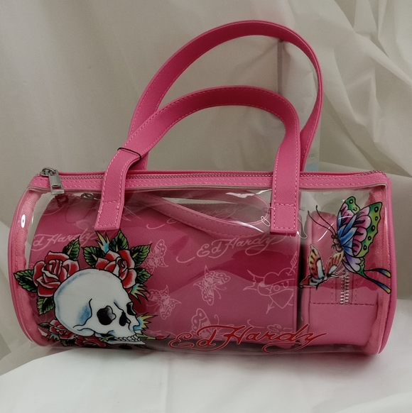 Ed Hardy Skull, Roses & Butterfly Pink See-Thru Barrel Bag w/ 2 Complimentary - Picture 12 of 16
